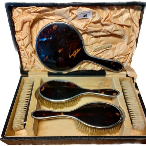 30 - Cased Birmingham silver and tortoise shell hand brush set and hand mirror; Four hand brushes and mir... 