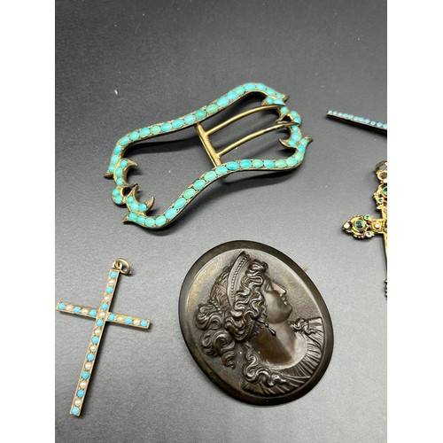 61 - A Selection of Antique jewellery; Turquoise stone belt buckle, Two cross and turquoise stone pendant... 