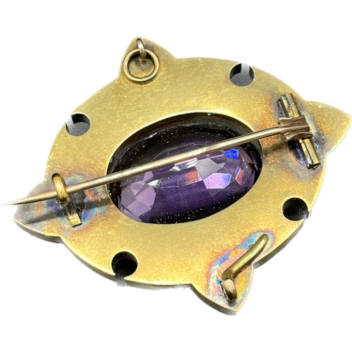 52 - Antique 14ct/15ct yellow gold, white enamel and large amethyst stone brooch/ pendant. [Amethyst- 24.... 