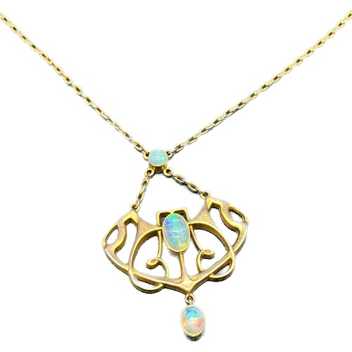 11 - 9ct yellow gold necklace with attached 9ct gold pendant fitted with three opal stones. [5.49grams]