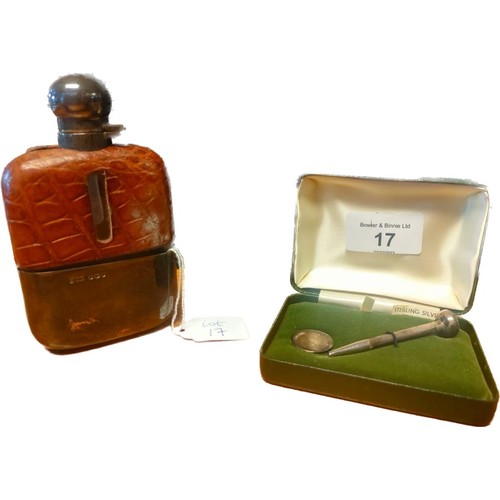 17 - Sheffield silver hipflask and Birmingham silver golf tea and marker; Hipflask- Silver top, glass bod... 