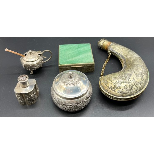 120 - A Selection of Asian silver and plated items; Chinese silver pepper pot, Ornate silver lidded preser... 