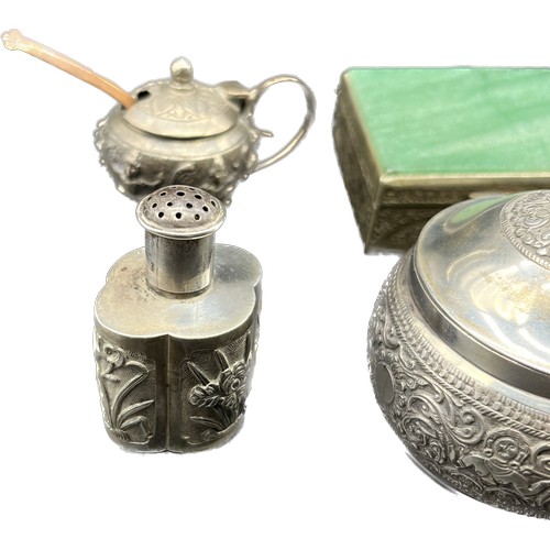 120 - A Selection of Asian silver and plated items; Chinese silver pepper pot, Ornate silver lidded preser... 