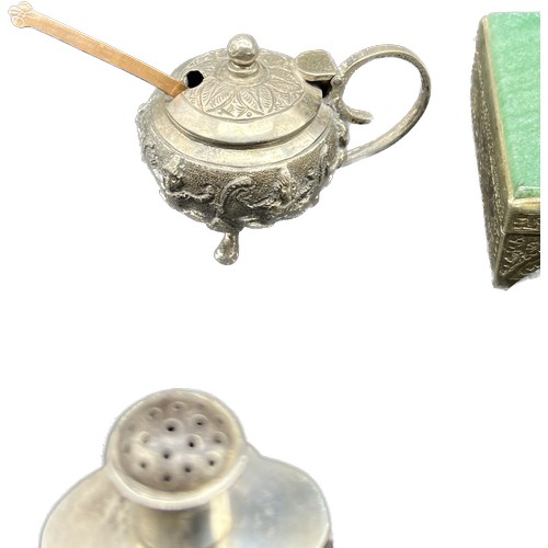 120 - A Selection of Asian silver and plated items; Chinese silver pepper pot, Ornate silver lidded preser... 