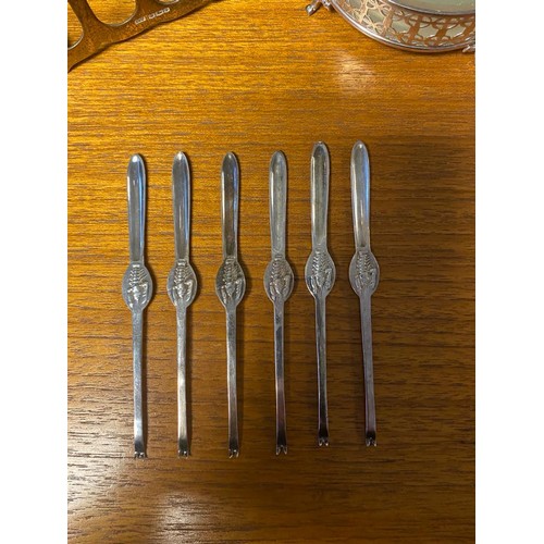 38 - A Set of six Sheffield silver lobster forks, Sheffield silver four slice toast rack and Birmingham s... 