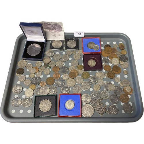 56 - A Tray of mixed world coins; 1889 Silver crown within a silver pendant holder, 1879 American One Dol... 