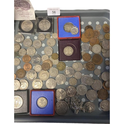 56 - A Tray of mixed world coins; 1889 Silver crown within a silver pendant holder, 1879 American One Dol... 