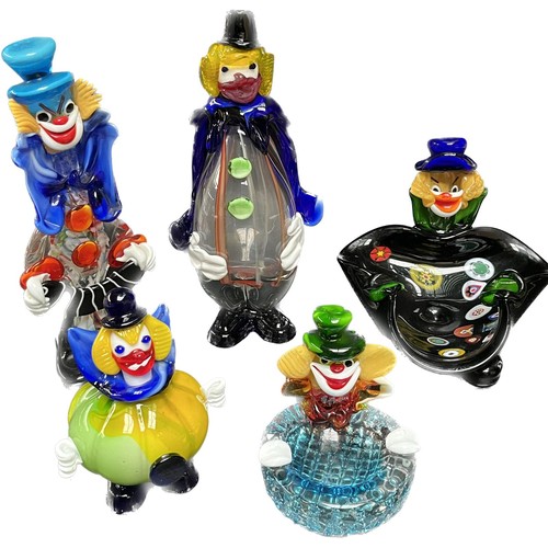 111 - A Lot of five Murano art glass clown figure sculptures; Two clown dishes and three varying sized fig... 