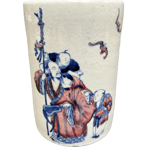 654 - Antique Chinese Blue and red hand painted brush pot, White ground. Painted with various figures and ... 