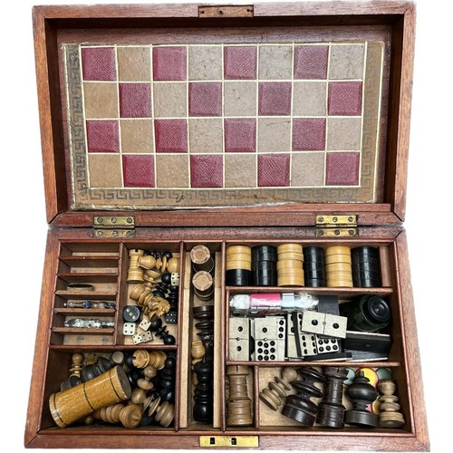 665 - Antique mahogany games box containing The Steeple Chase board game and chess set and various other i... 