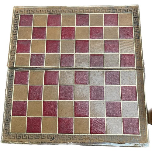 665 - Antique mahogany games box containing The Steeple Chase board game and chess set and various other i... 