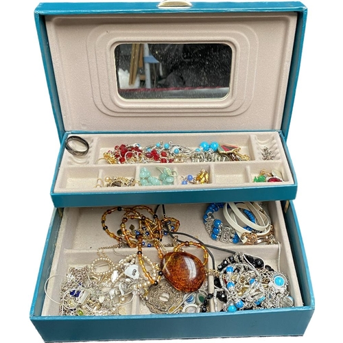 8 - A box of costume jewellery; Various silver jewellery, amber pendant and necklace