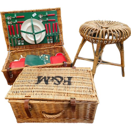 286 - Wicker picnic basket and contents, wicker hamper basket and mid century stool.