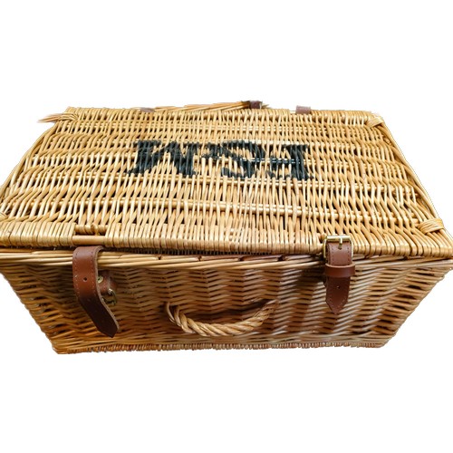 286 - Wicker picnic basket and contents, wicker hamper basket and mid century stool.