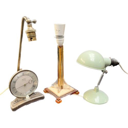 387 - Three retro table lamps; Pifco Timeside alarm clock desk lamp combination, Lucite orange base colour... 