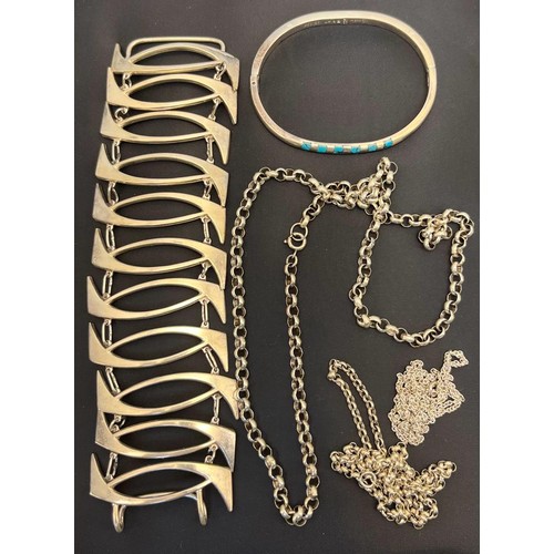 80 - Selection of silver jewellery; 925S Danish silver ornate bracelet, Two Silver belcher chain necklace... 