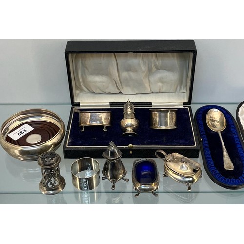 563 - Selection of silver items; Boxed London silver spoon, Birmingham silver wine coaster, Victorian Edin... 