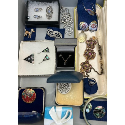 27 - A Selection of vintage jewellery; Various earrings, Marcasite and pearl brooch, Enamel dog brooch an... 