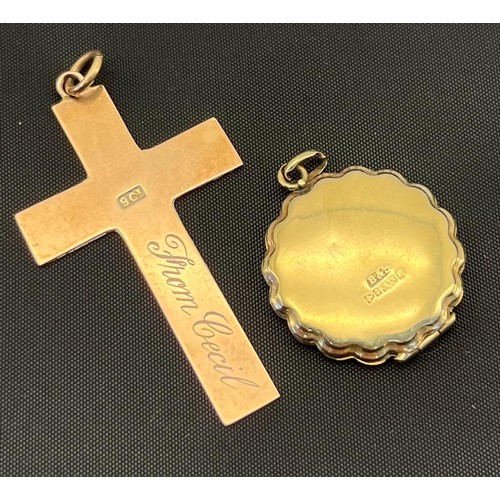 533 - 9ct yellow gold locket and 9ct yellow gold cross pendant. [7.07grams]