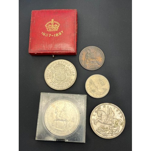 11 - Various coins; 1937 George VI Silver crown, 1935 George V Silver Crown, 1896 one penny, 1969 10P Eir... 
