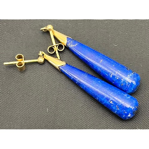 14 - A Pair of 9ct yellow gold and Lapis Lazuli drop earrings.