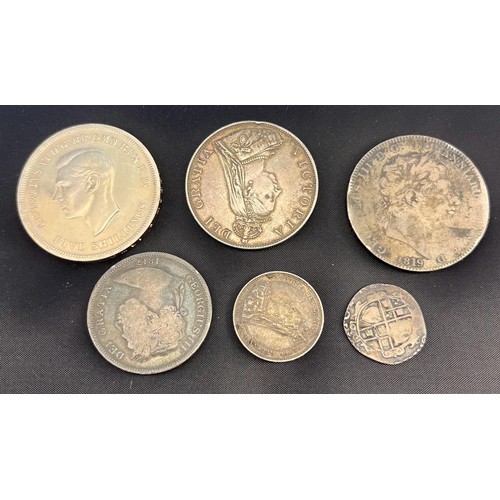 42 - A small group of silver coins
1887, half-crown; 1817 florin; 1887 shilling; 1819 crown; 1951 crown; ... 