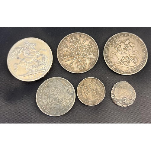 42 - A small group of silver coins
1887, half-crown; 1817 florin; 1887 shilling; 1819 crown; 1951 crown; ... 