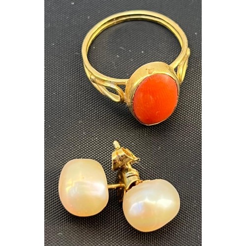 62 - Foreign 18ct yellow gold and coral ring, together with a pair of pearl and 18ct gold earrings. [Ring... 