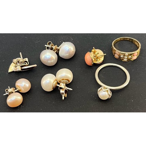 63 - Antique 9ct yellow gold, coral and pearl set ring, 9ct yellow gold and pink stone earrings, Four pai... 