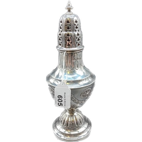 605 - Sheffield silver ornate sugar sifter. Produced by Martin, Hall & Co. [21cm high] [212.44grams]