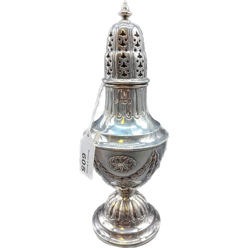 605 - Sheffield silver ornate sugar sifter. Produced by Martin, Hall & Co. [21cm high] [212.44grams]