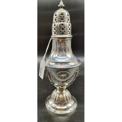 605 - Sheffield silver ornate sugar sifter. Produced by Martin, Hall & Co. [21cm high] [212.44grams]