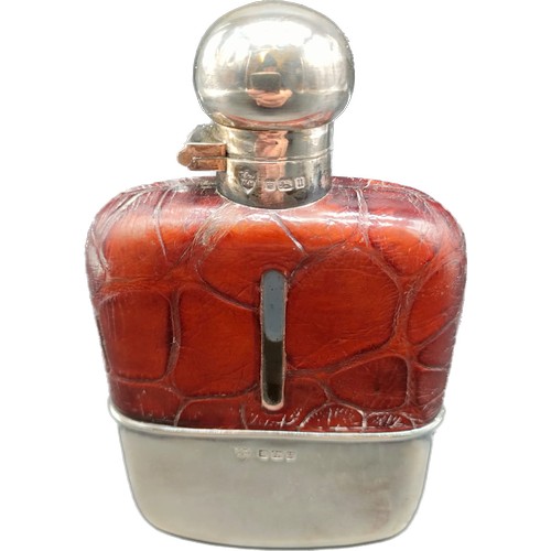 606 - Sheffield silver, glass and crocodile leather hipflask. [13cm high]