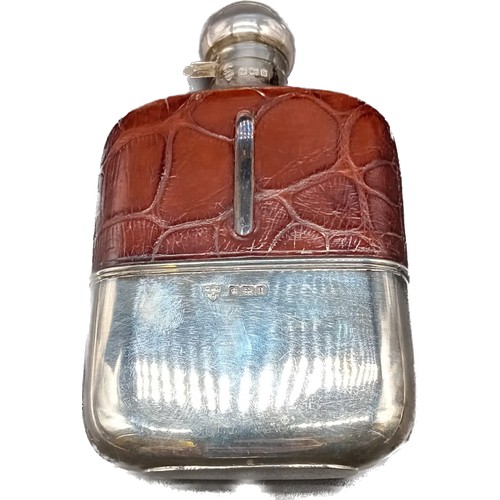 606 - Sheffield silver, glass and crocodile leather hipflask. [13cm high]