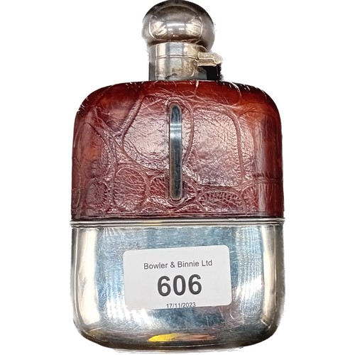 606 - Sheffield silver, glass and crocodile leather hipflask. [13cm high]