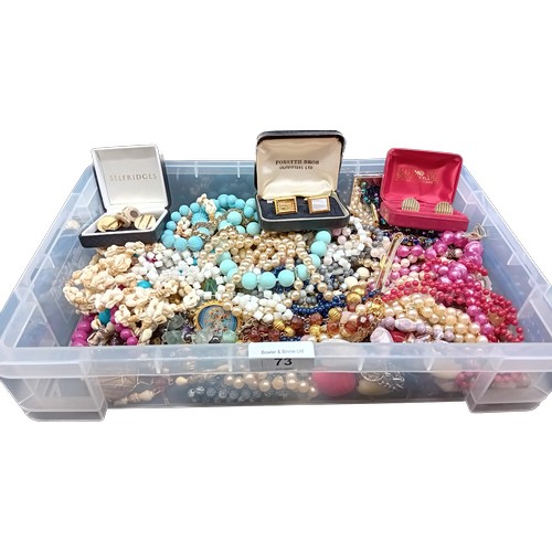 73 - A Box of mixed costume jewellery; Beaded necklaces, Cuff links and various other items