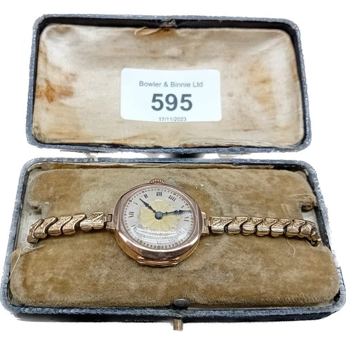 595 - Antique 9ct yellow gold cased ROYAL ladies cocktail watch, fitted with a rolled gold elasticated bra... 