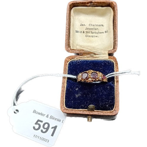 591 - Antique Birmingham 9ct yellow gold ladies ring set with four purple garnets and seed pearls. [Ring s... 