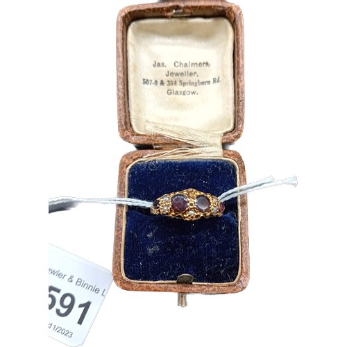 591 - Antique Birmingham 9ct yellow gold ladies ring set with four purple garnets and seed pearls. [Ring s... 