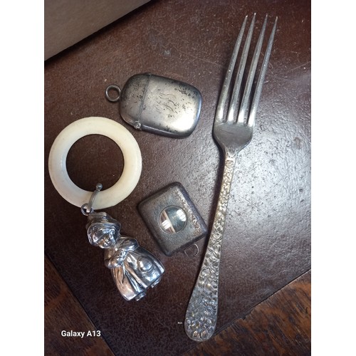 36 - Four various collectables; Birmingham silver vesta case, Tiffany & Co E.P Ornate fork, Miniature Mid... 