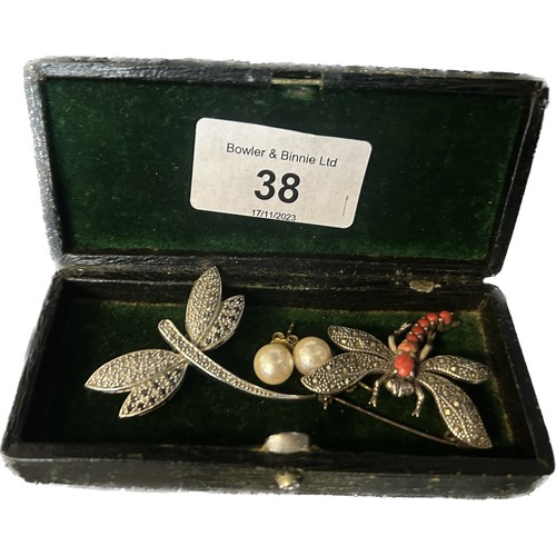 38 - Two vintage dragonfly brooches and a pair of pearl earrings; Silver, marcasite and red stone dragonf... 
