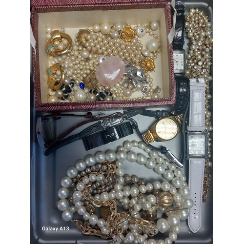 37 - A Box of costume jewellery & watches; Roberto Paggio quartz dual time piece watch, Seiko Quartz, Rad... 