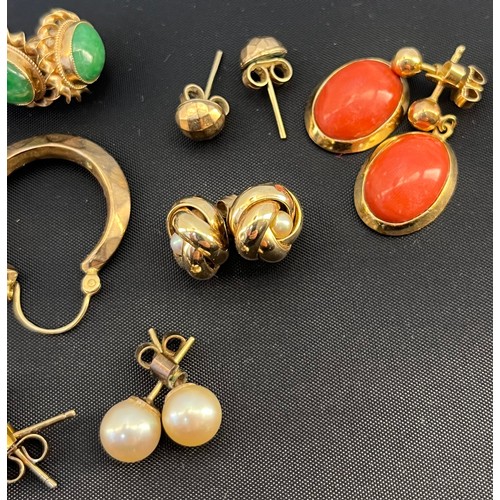 549 - Nine pairs of 9ct yellow gold earrings and one pair of 18ct yellow gold earrings; 18ct and coral dro... 