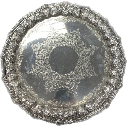 609 - Large and heavy Sheffield silver salver, Raised on ball and claw feet. Produced by Fenton, Russell &... 