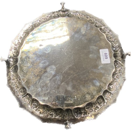 609 - Large and heavy Sheffield silver salver, Raised on ball and claw feet. Produced by Fenton, Russell &... 