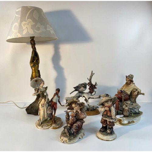 154 - A collection of Capodimonte figures & art nouveau design figural table lamp