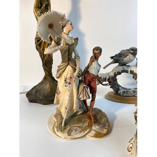 154 - A collection of Capodimonte figures & art nouveau design figural table lamp