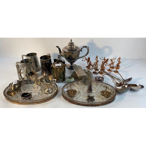 155 - A collection of silver plated wares; 19th century tea pot, ladles & others items