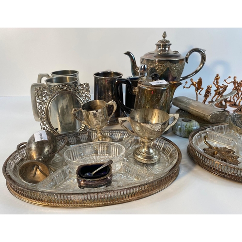 155 - A collection of silver plated wares; 19th century tea pot, ladles & others items