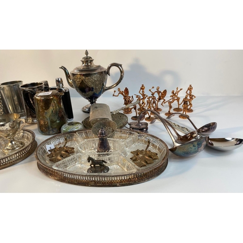 155 - A collection of silver plated wares; 19th century tea pot, ladles & others items